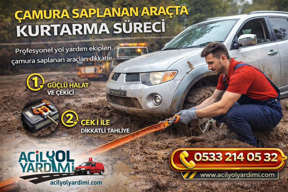 Çamura saplanan araç kurtarma sürecini ve profesyonel yol yardımı müdahalesini gösteren görsel