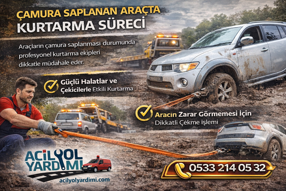 Çamura saplanmış aracın profesyonel yol yardımı ile güvenli şekilde kurtarılmasını gösteren görsel