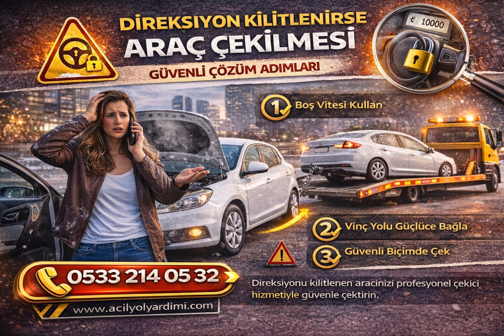 Direksiyon kilitlenen aracın güvenli çekici ile profesyonel şekilde çekilmesini anlatan yol yardımı görseli