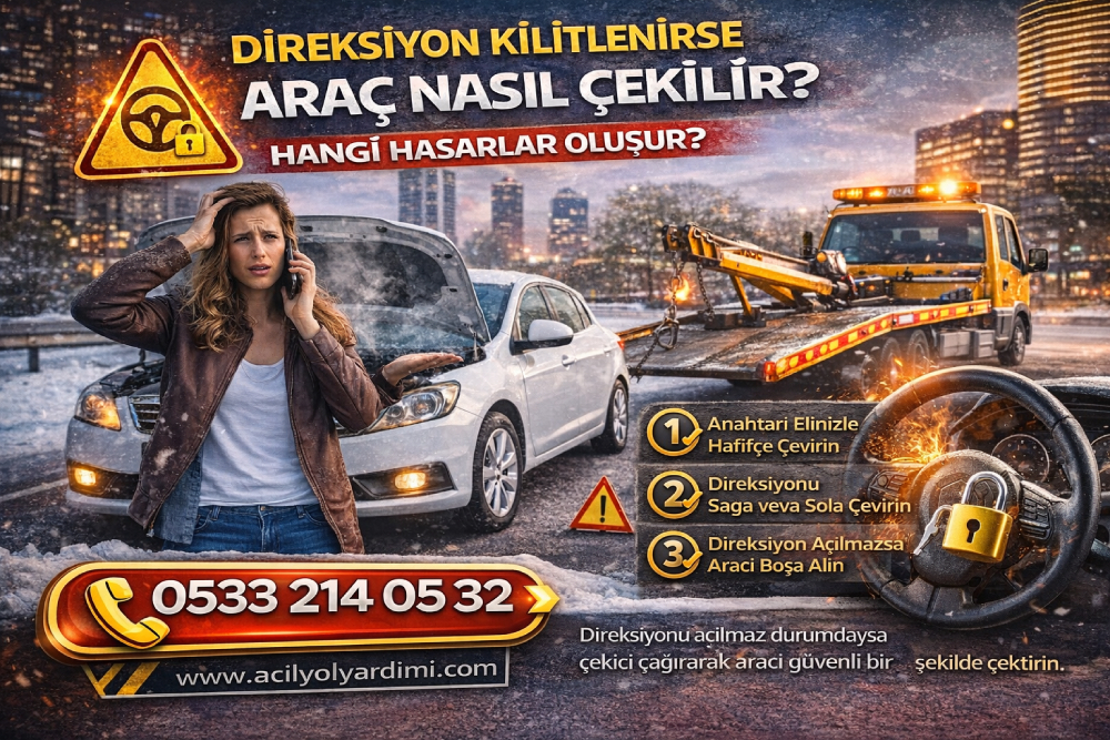 Direksiyon kilitlenirse aracın güvenli şekilde çekilmesini anlatan profesyonel yol yardımı görseli