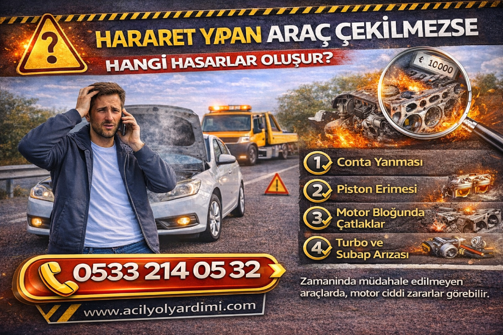 Hararet yapan araç çekilmezse oluşabilecek motor, conta ve turbo hasarlarını anlatan yol yardımı görseli