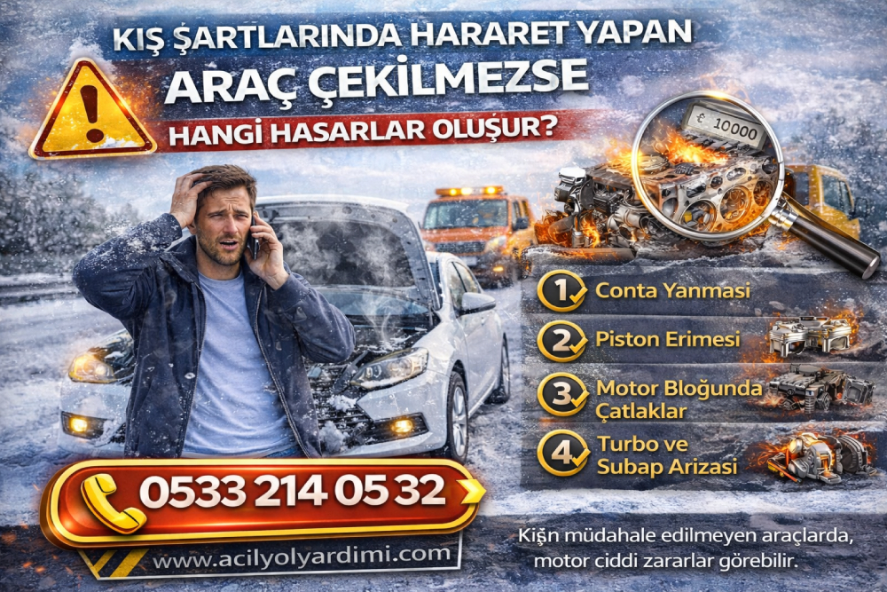 Kış şartlarında hararet yapan araç çekilmezse motor, conta ve turbo hasarlarını anlatan yol yardımı görseli