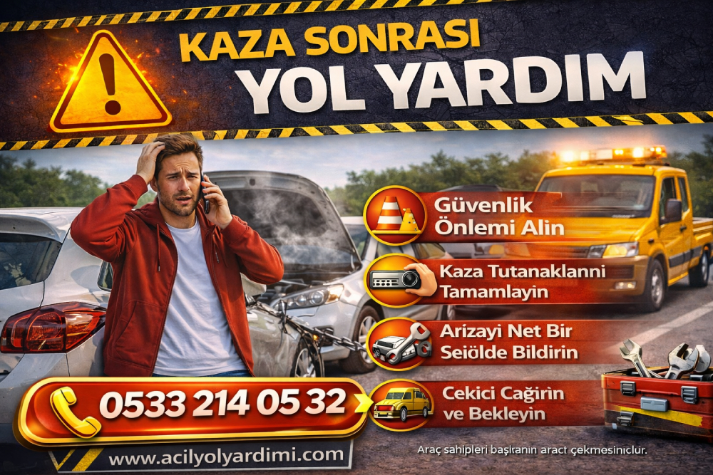 Kaza sonrası yol yardım ve oto çekici hizmeti, hasarlı araç ve çekici ile acil müdahale görseli