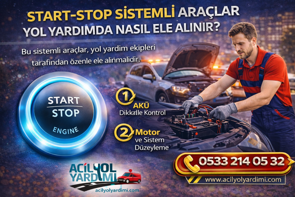 Start stop sistemli araçlar için yol yardımı sürecini gösteren bilgilendirici görsel