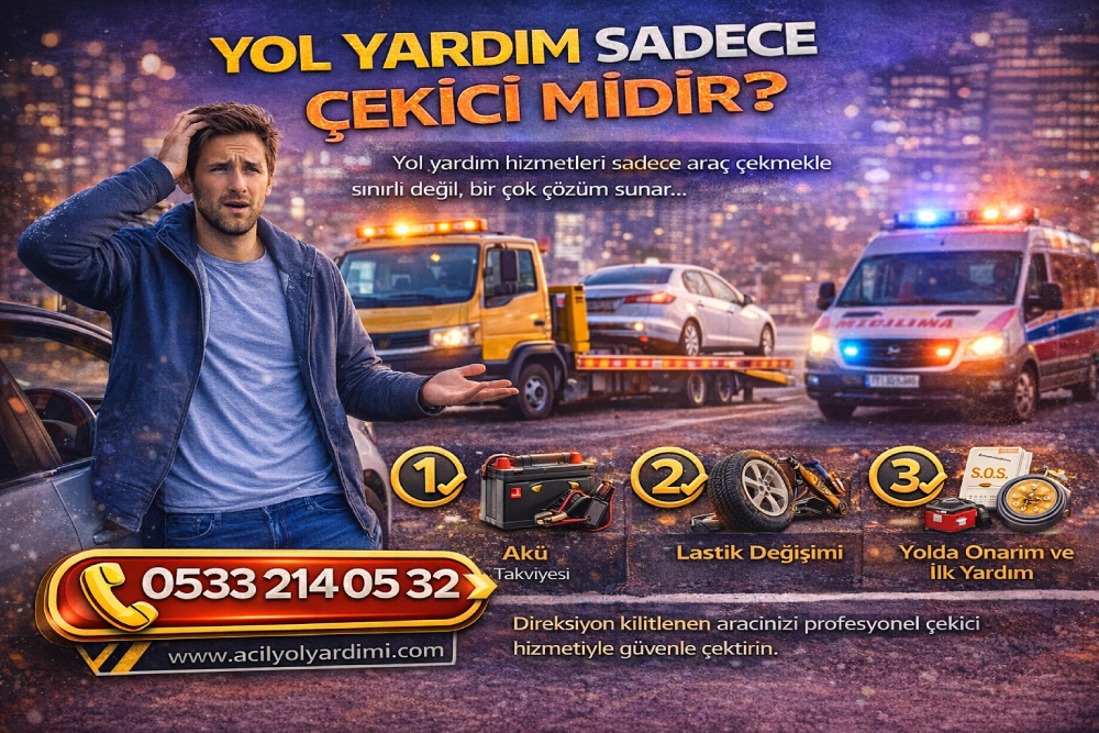 Yol yardım hizmetlerinin sadece çekici olmadığını, akü takviyesi, lastik değişimi ve yerinde müdahaleyi anlatan yol yardımı görseli