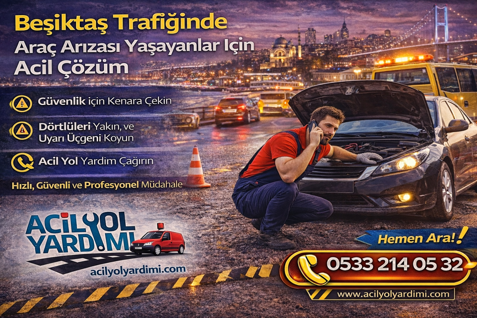 Beşiktaş trafiğinde araç arızası yaşayan sürücüler için 7/24 acil yol yardım ve çekici hizmeti