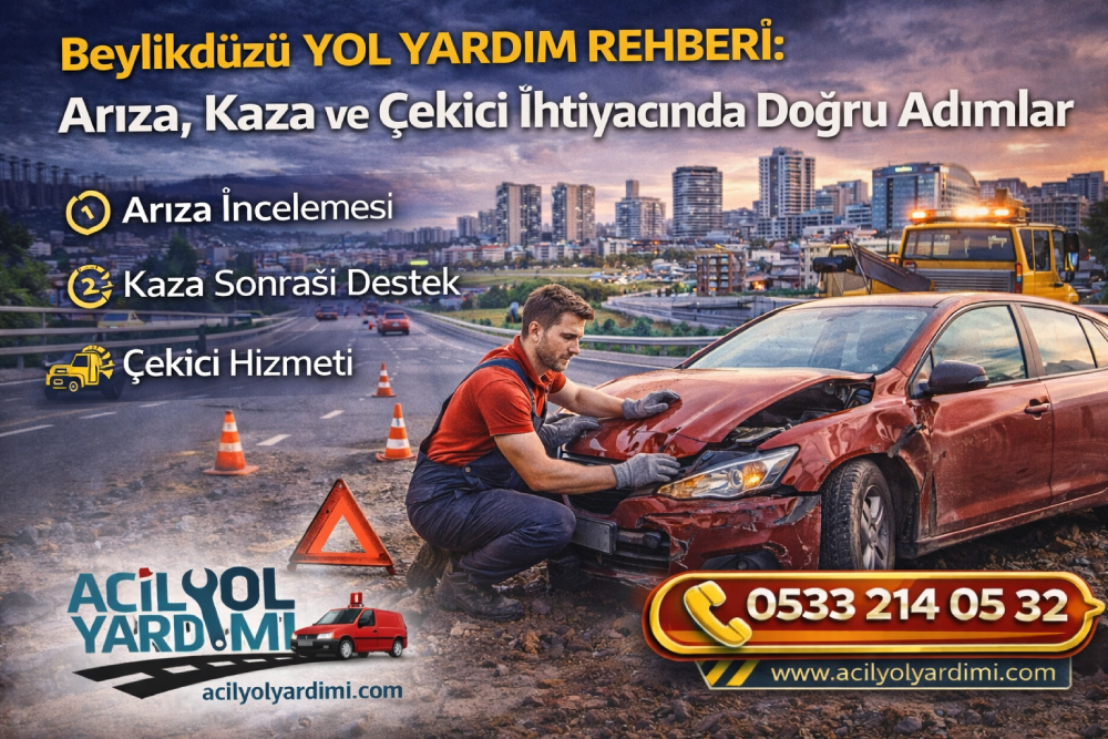 Beylikdüzü’nde yolda kalan araç için yol yardımı bekleyen sürücü ve çekici müdahalesini gösteren rehber görseli